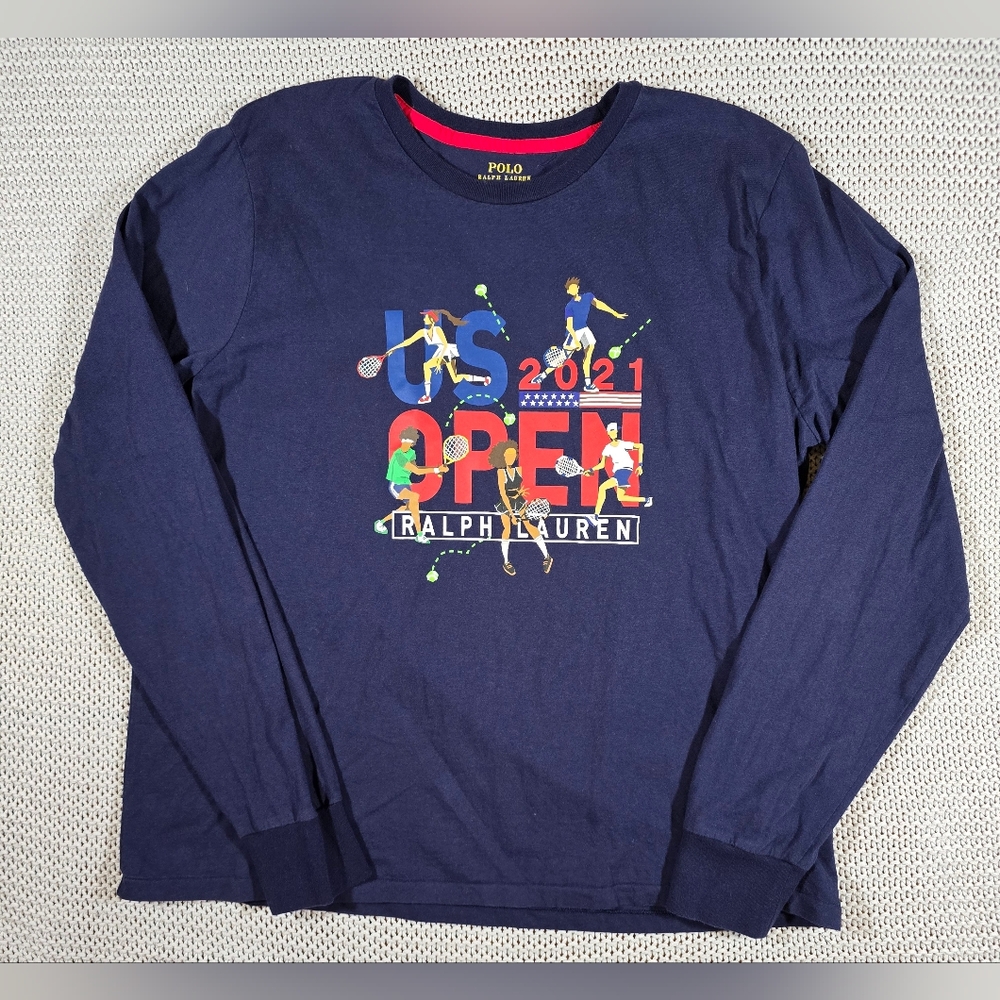Polo Ralph Lauren US 2021 Open Tennis Long Sleeve T-shirt Boys Sz XL Navy Preppy